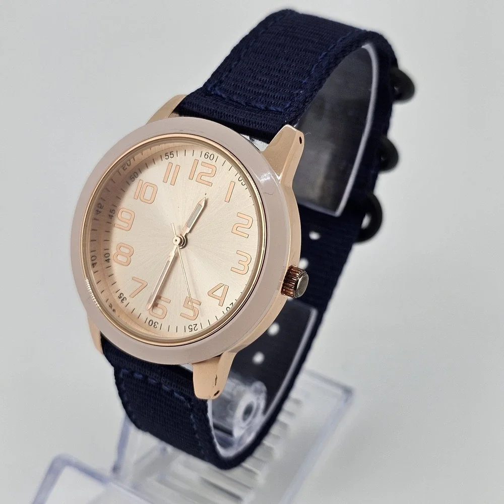38MM Women's Analog Watch Gold Dial NEW Dark Blue Nylon Canvas Bands NEW Battery